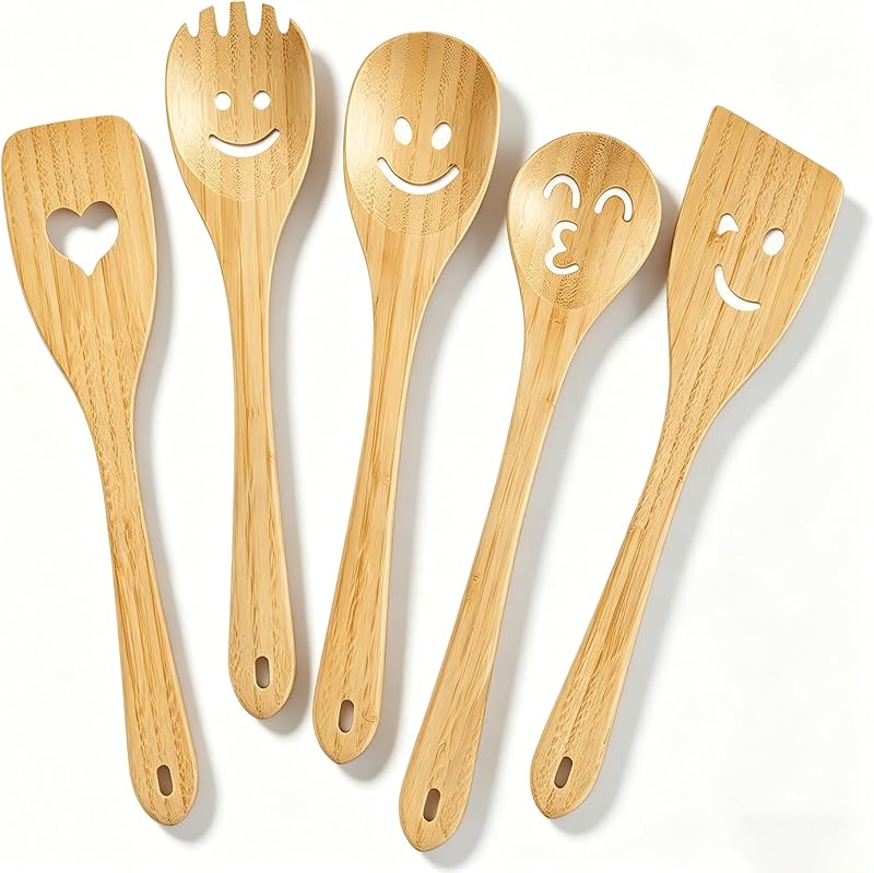5 Pzas Cucharas Madera Cocina Antiadherentes Cara Sonriente