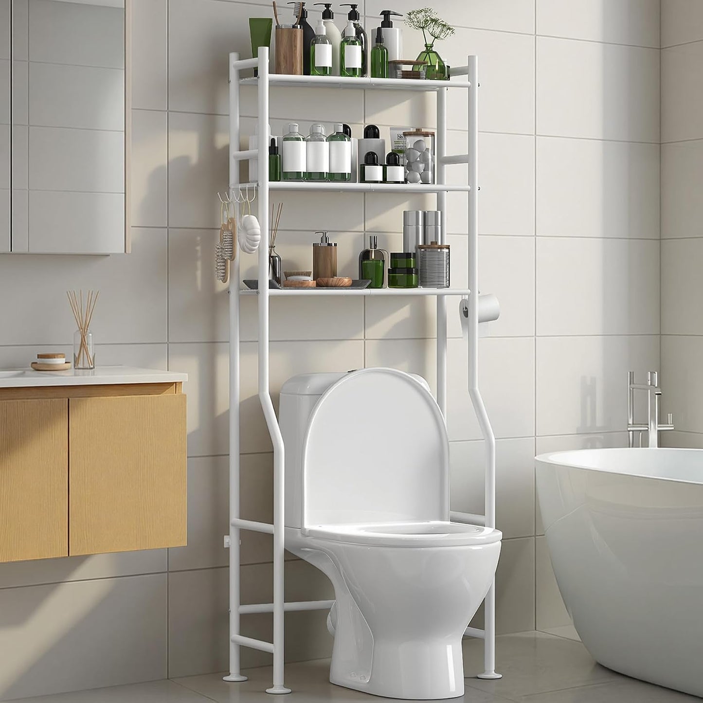 Estante baño 3 niveles con soporte papel y 4 ganchos