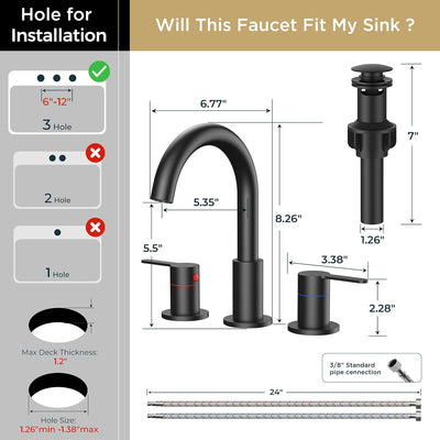 Grifo baño 8pulg 3 agujeros aireador 2 asas 360° mate negro