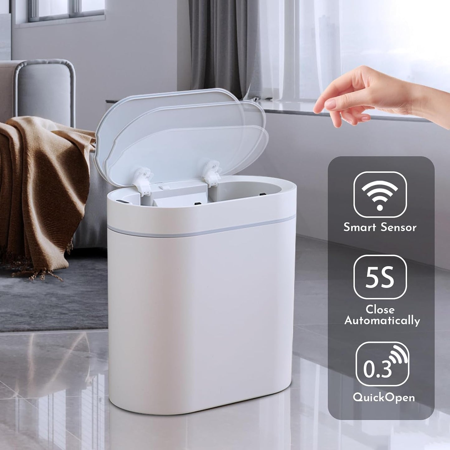 Basurero baño plástico 2gal sensor movimiento estrecho
