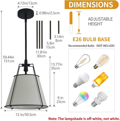 Lámpara colgante tela lino blanco 12pulg candelabro negro