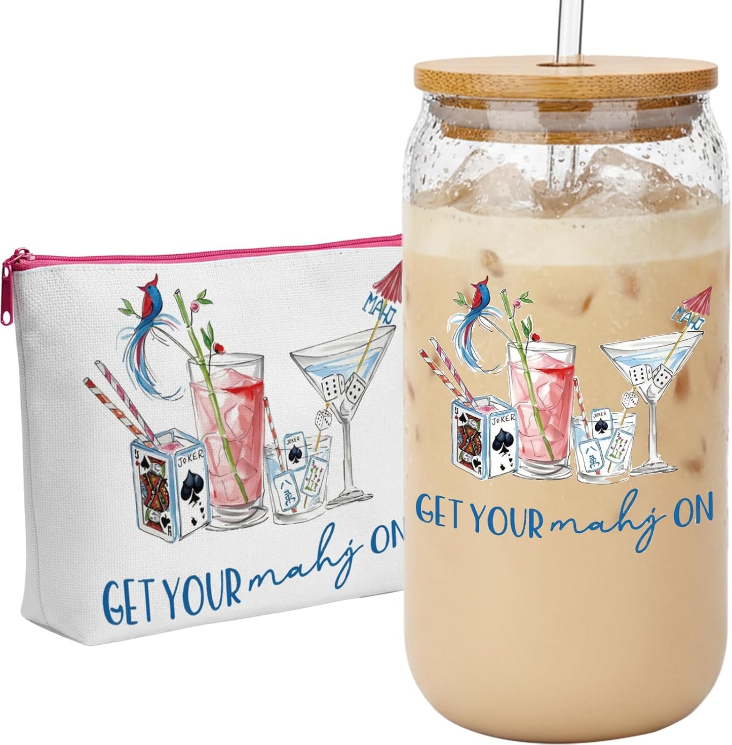 Juego Mahjong taza cristal popote bolsa maquillaje regalo mujer