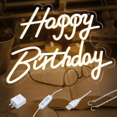 Letrero neón feliz cumpleaños LED 16.9x12.6pulg blanco cálido