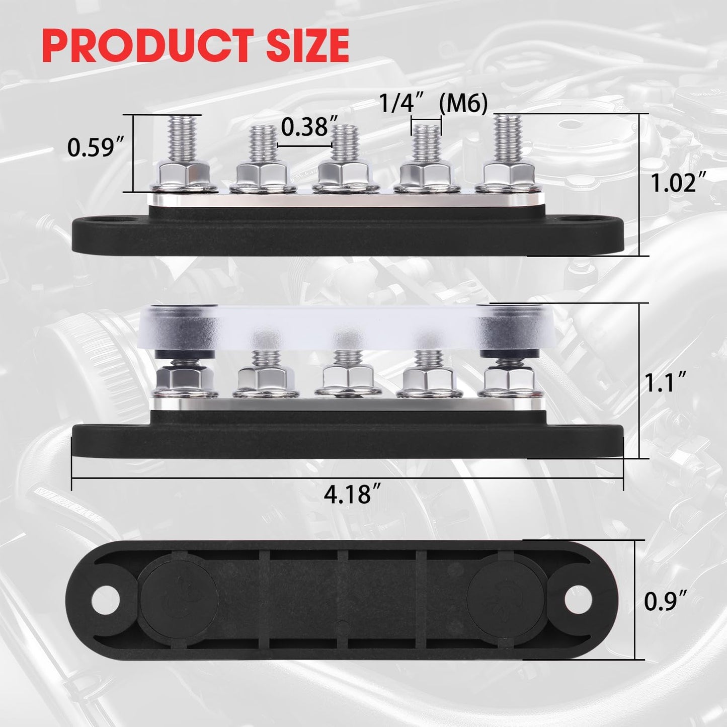 Bloque distribución 12V 150A pernos 5x1/4 audio marino
