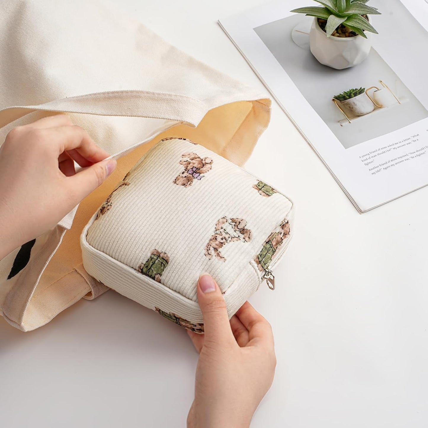 Bolsa maquillaje pana con cremallera patrón oso para mujer y niña