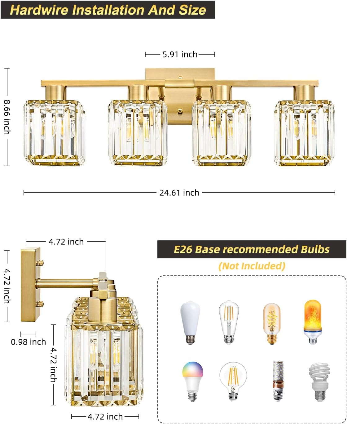 Lámpara baño 4 luces cristal dorado pared moderna