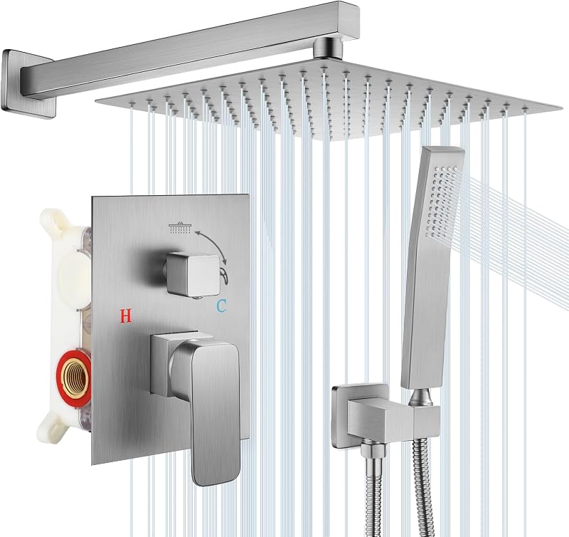 Cabezal ducha lluvia 10pulg con mango metal decorativo