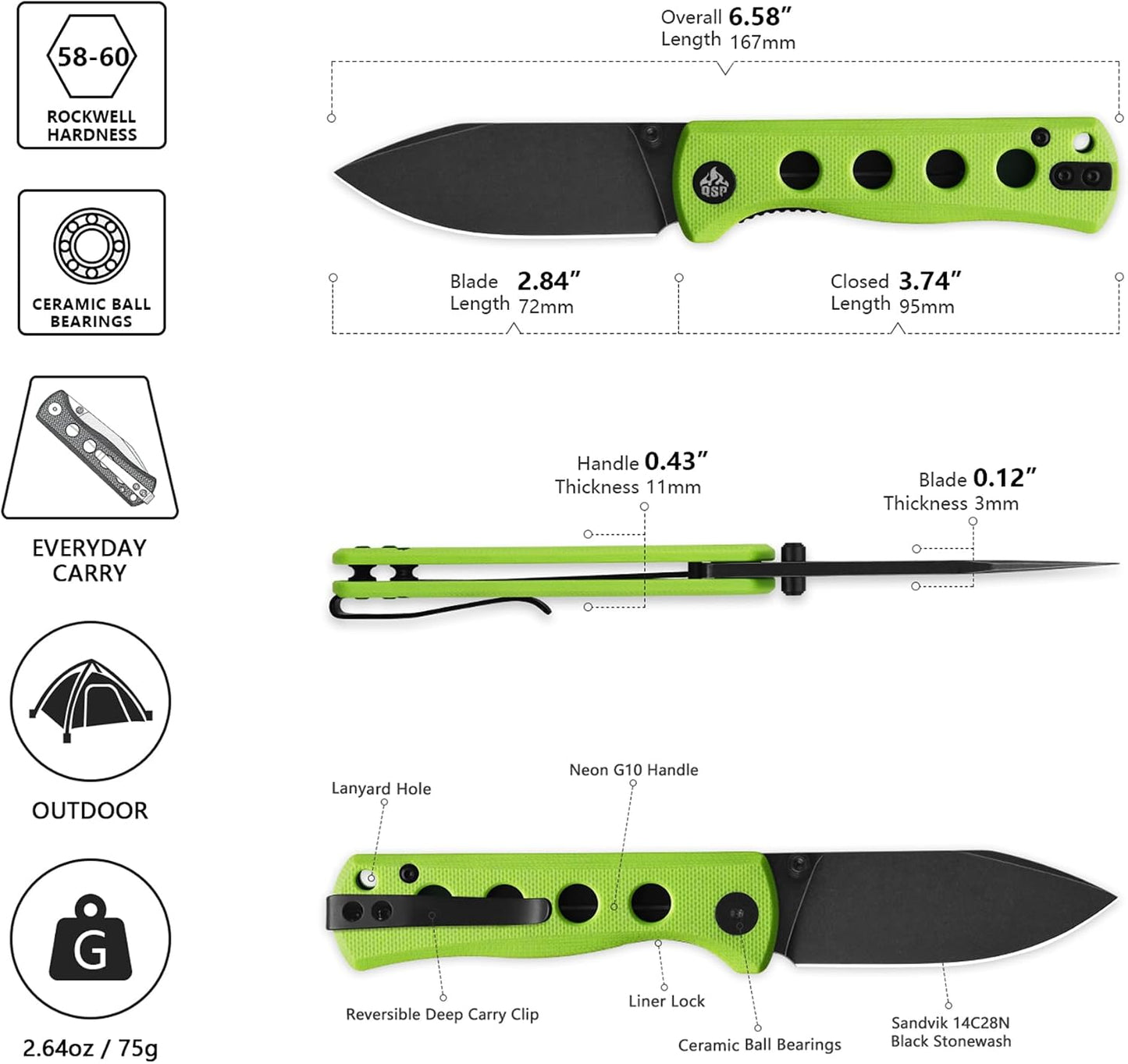 Cuchillo plegable bolsillo hoja 7.21cm Sandvik G10 neón