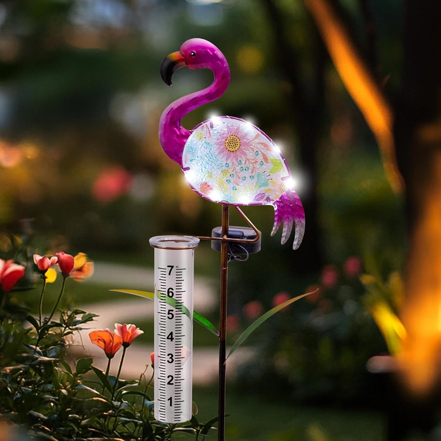 Pluviómetro solar al aire libre con luces LED y vaso plástico