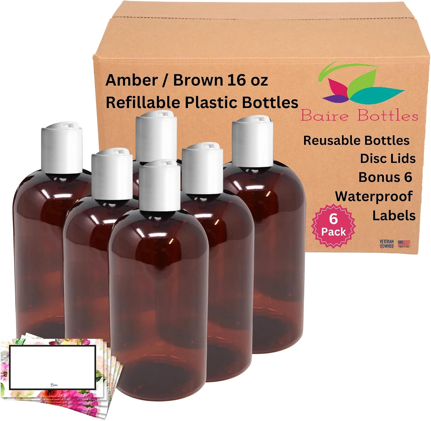 6 Pzas Botellas PET 16oz con tapas disco impermeables Ámbar