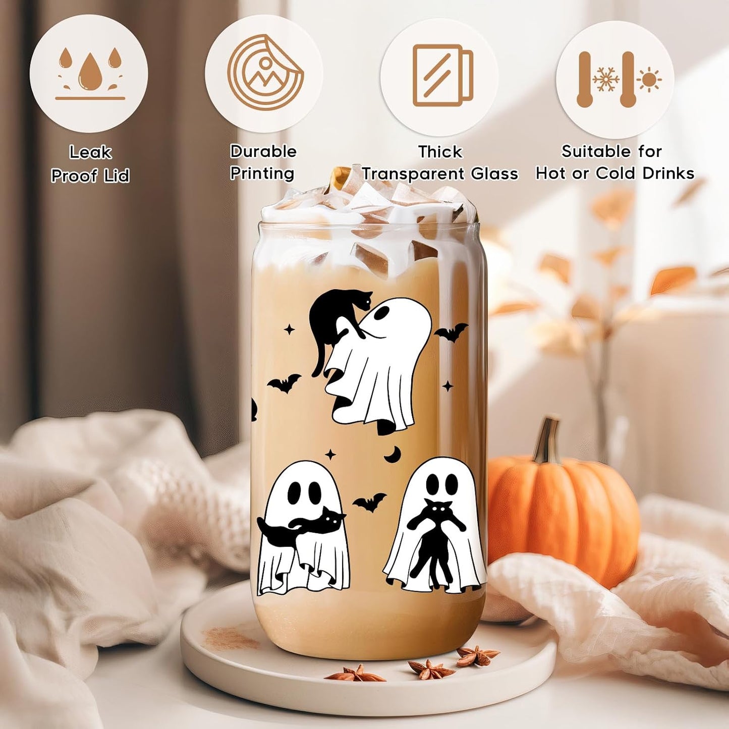 Vaso vidrio gato negro halloween 16oz con popote