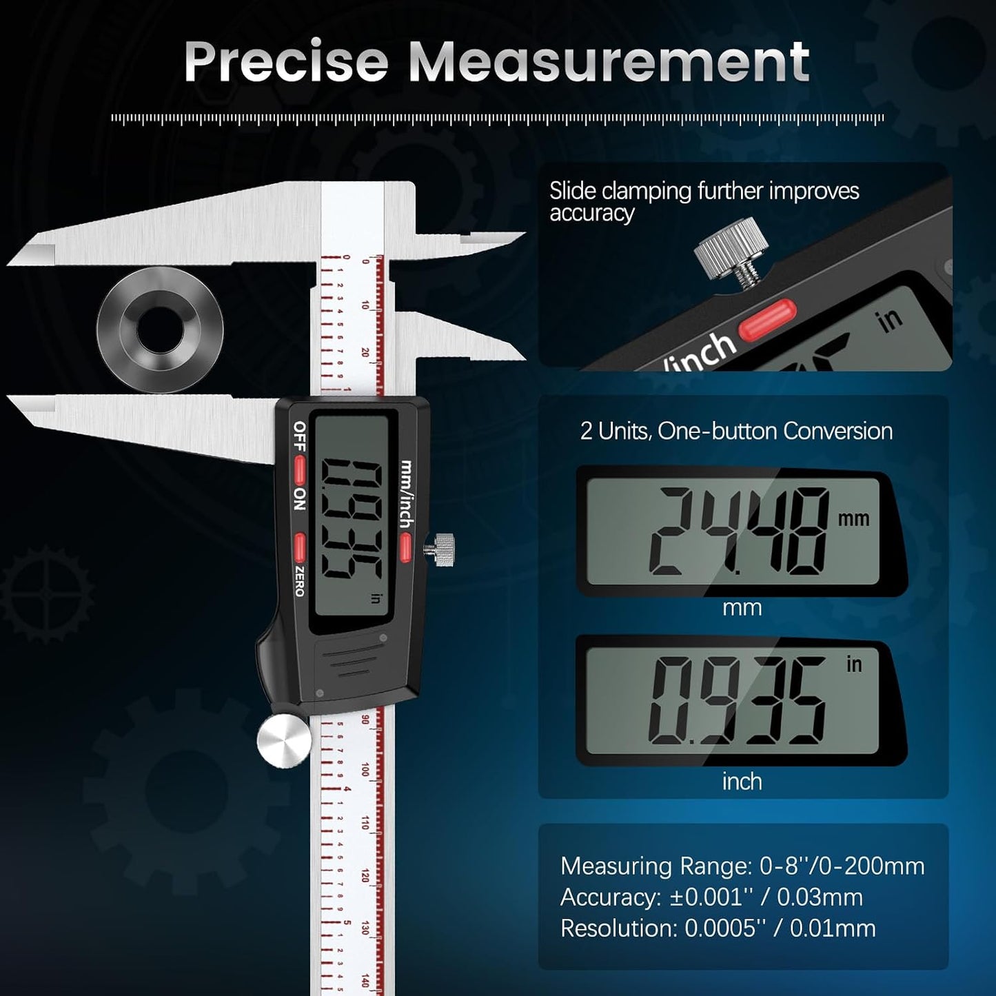Calibrador digital 8pulg LCD grande acero inox