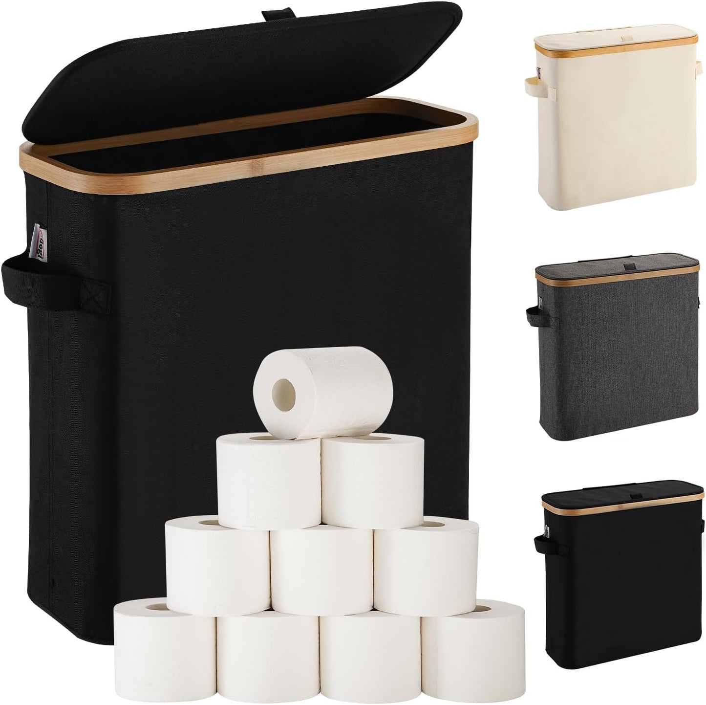 Cesta papel higiénico bambú con tapa color negro