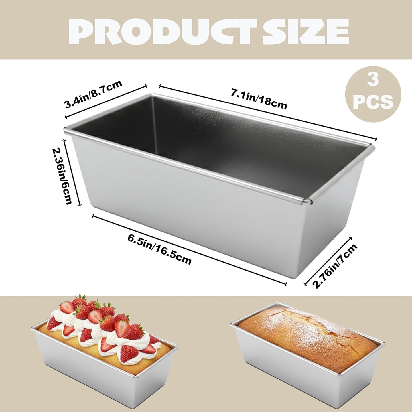 3 Moldes Antiadherente Pan 7.1x3.4pulg Acero Inox