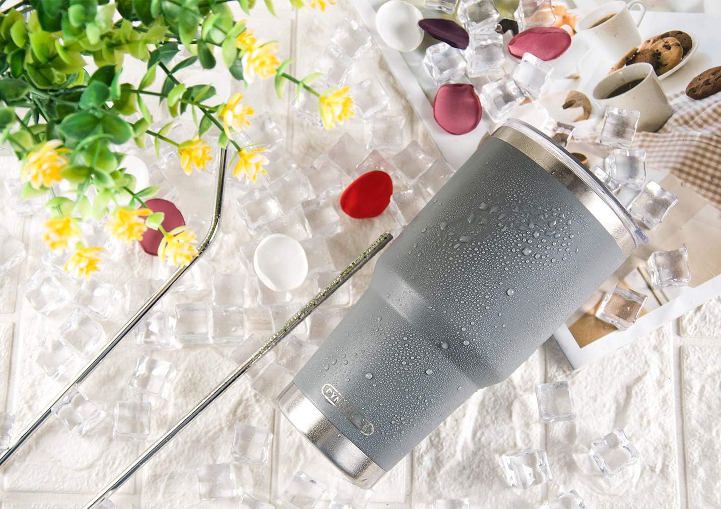 Vaso gris acero inox 30oz con tapa popote y cepillo