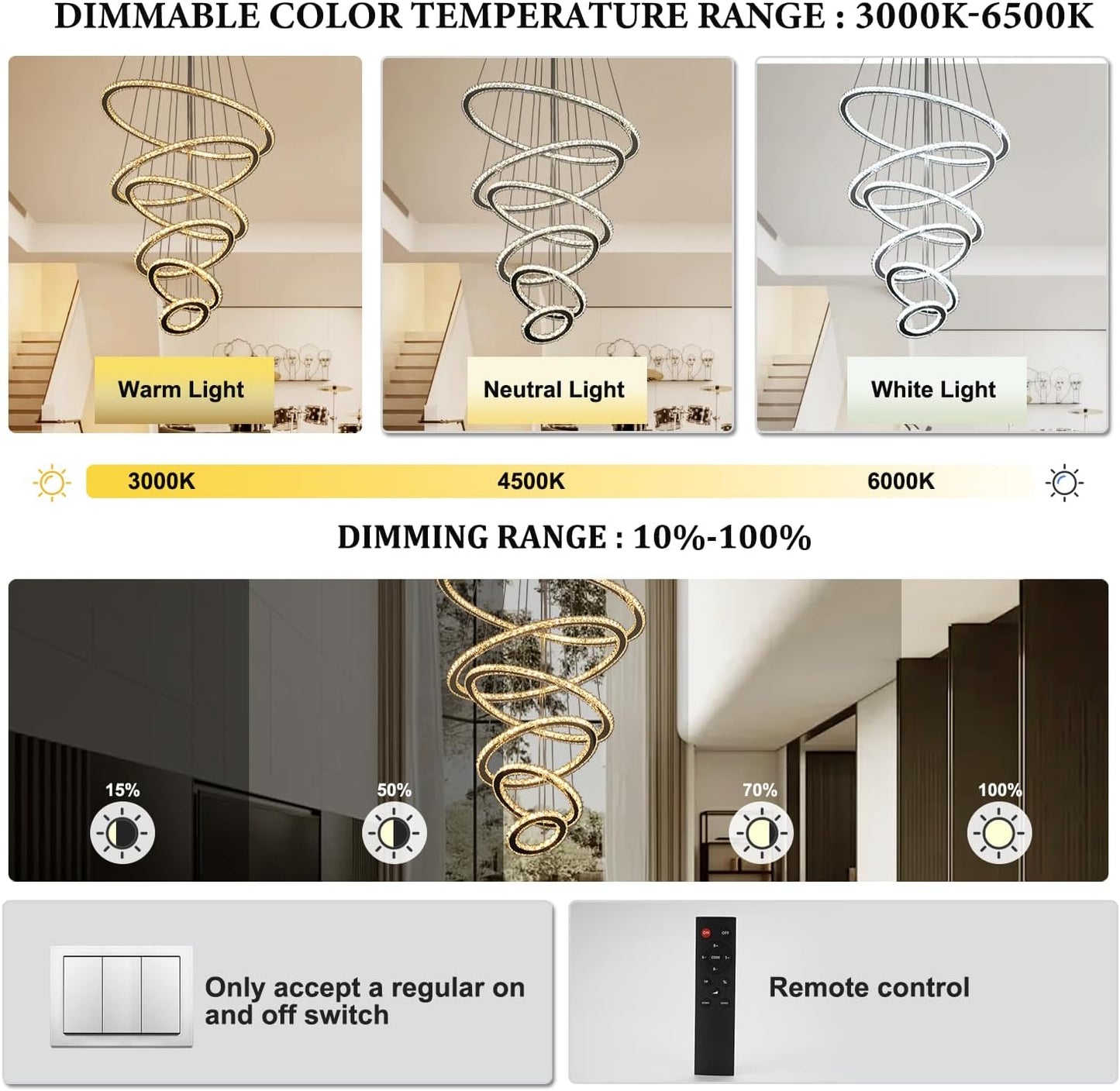 Candelabro Led Moderno de 6 Anillos Control Remoto