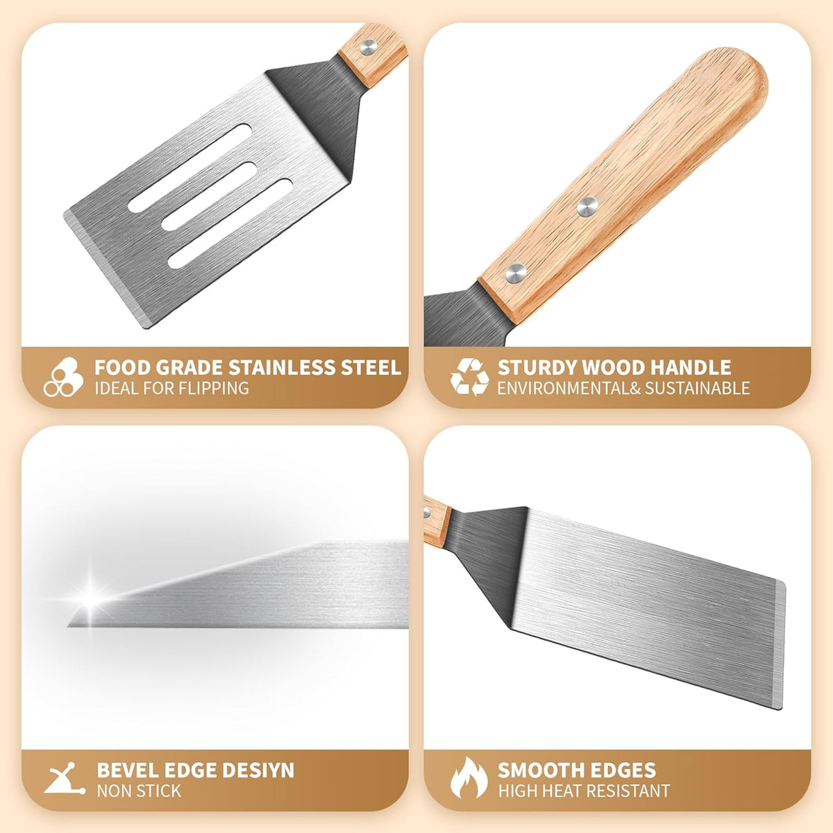 Juego espátulas acero inox mango madera cocina