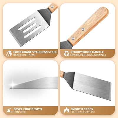 Juego espátulas acero inox mango madera cocina