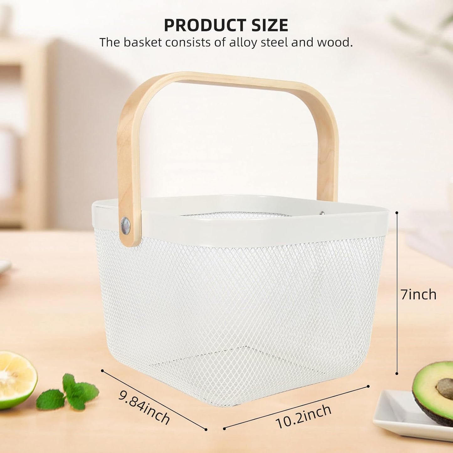 Cesta de acero malla mango madera para jardín cocina baño