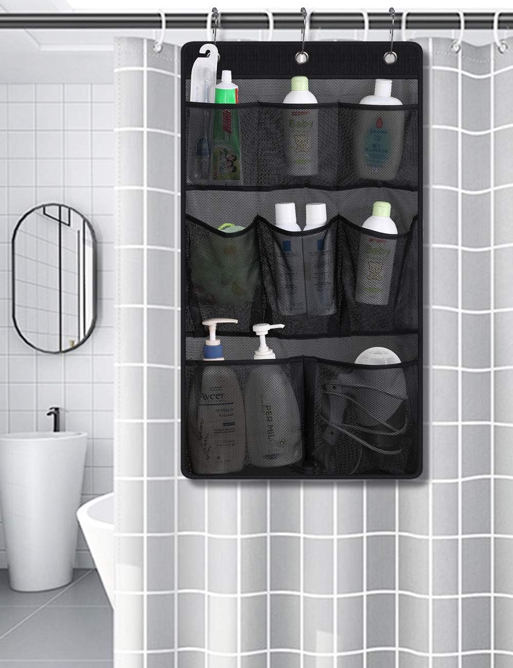 Organiz. ducha malla 2 bolsillos 3 anillos negro