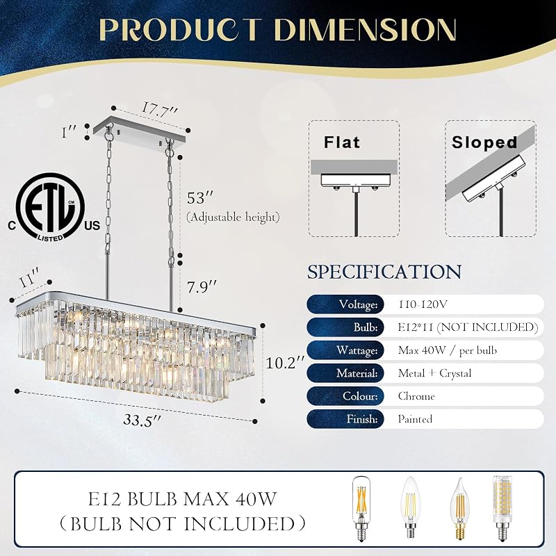 Candelabro rectangular 11 luces cristal K9 cocina