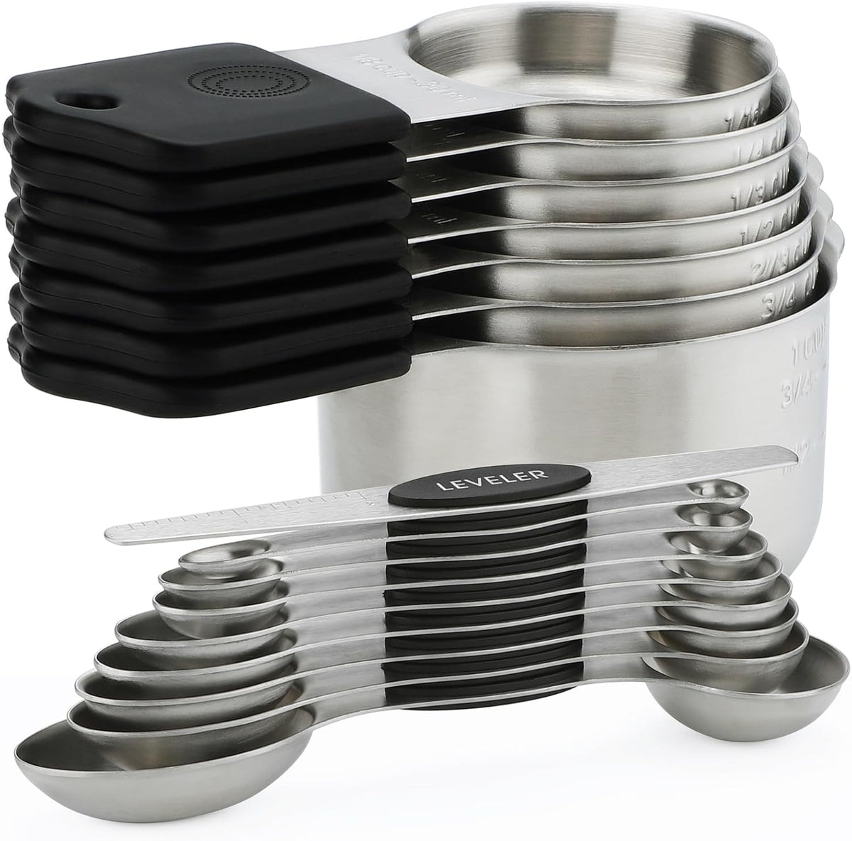Set 16 Tazas y Cucharas Magnéticas Acero Inox