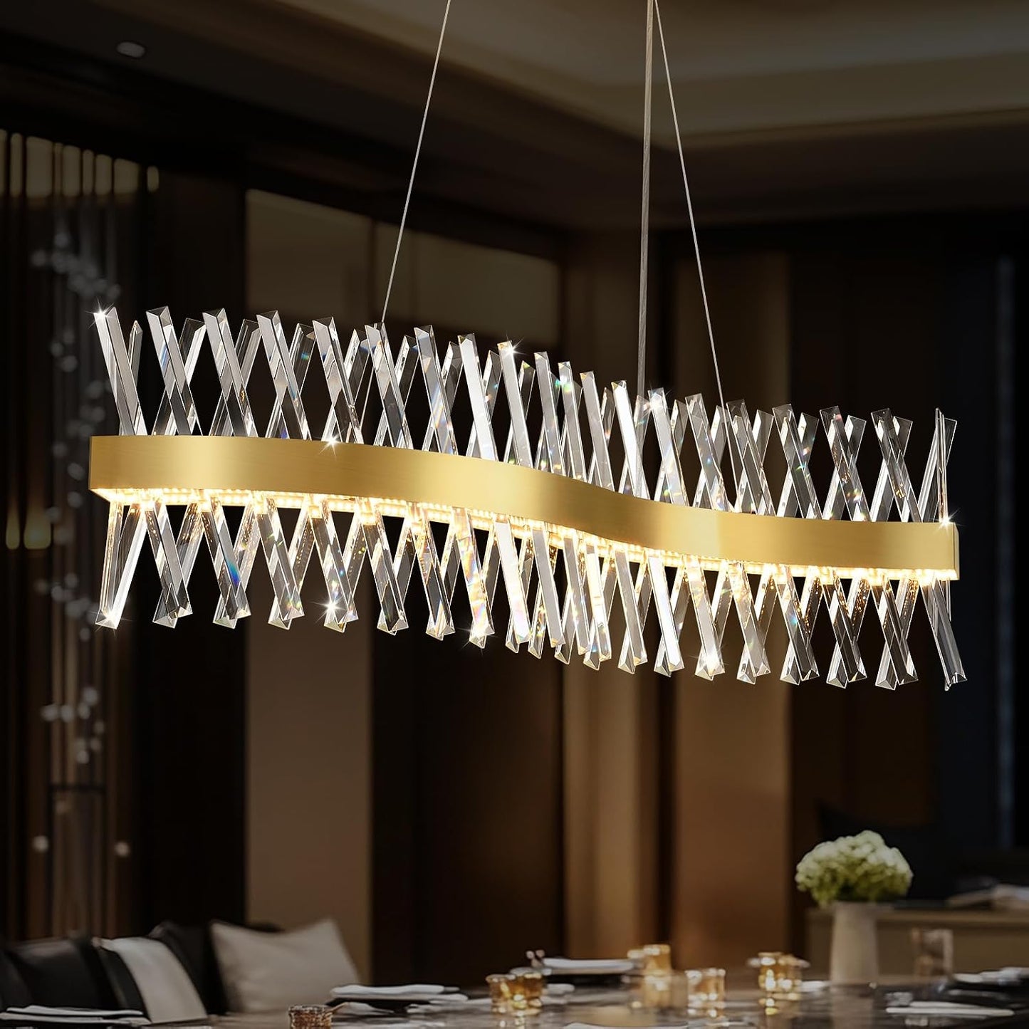 Candelabro moderno cristal forma S dorado para comedor