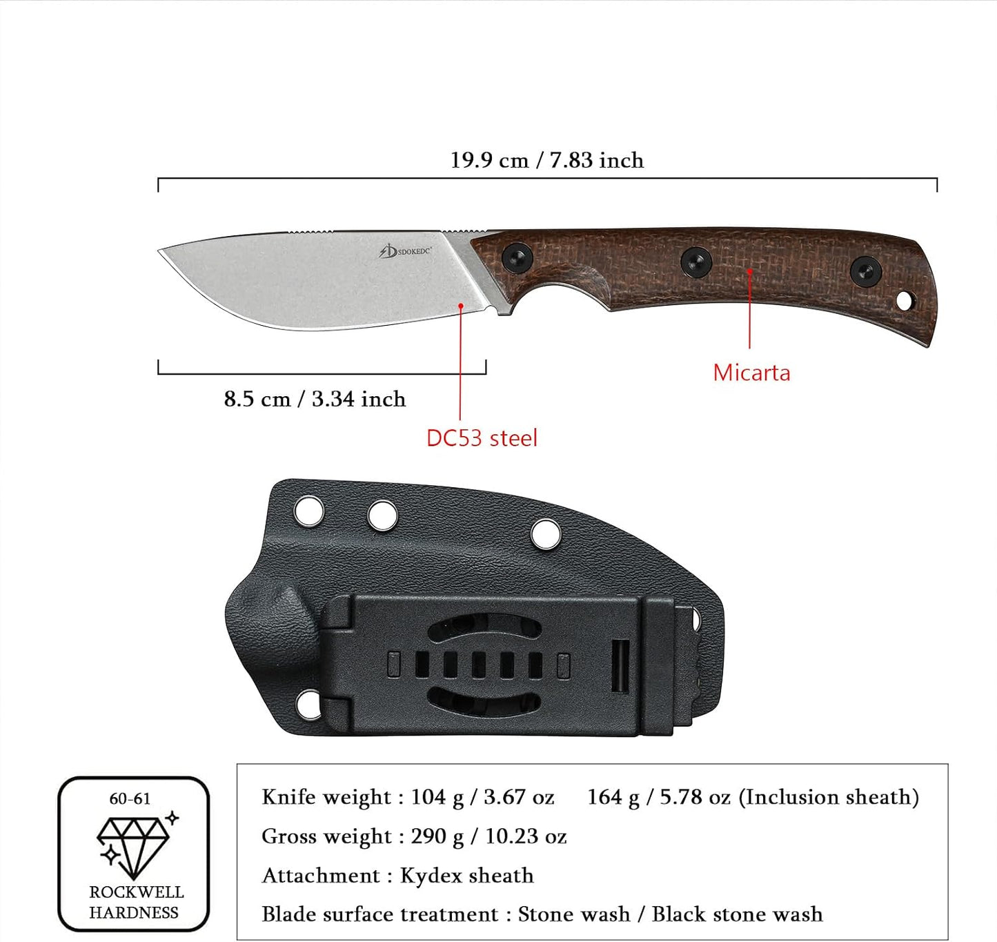 Cuchillo táctico DC53 acero micarta vaina kydex EDC