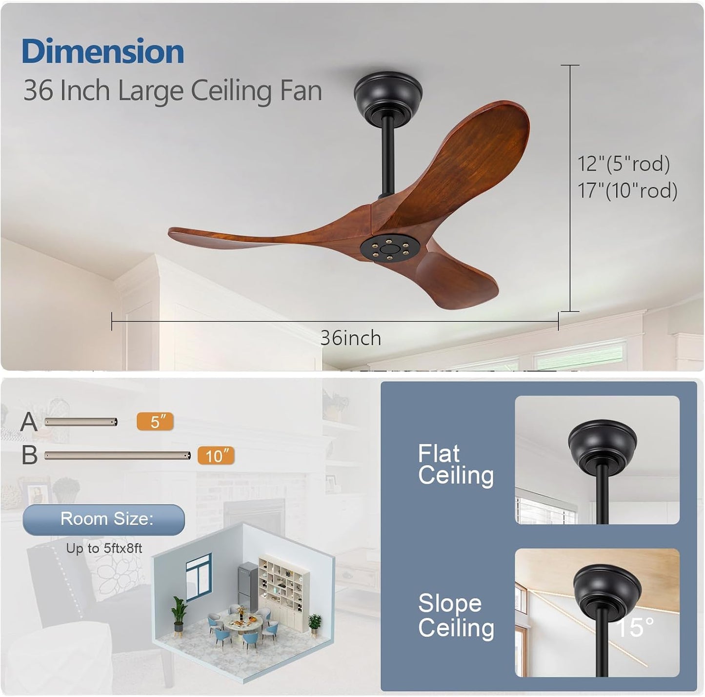 Ventilador techo madera 36pulg control remoto 6 vel