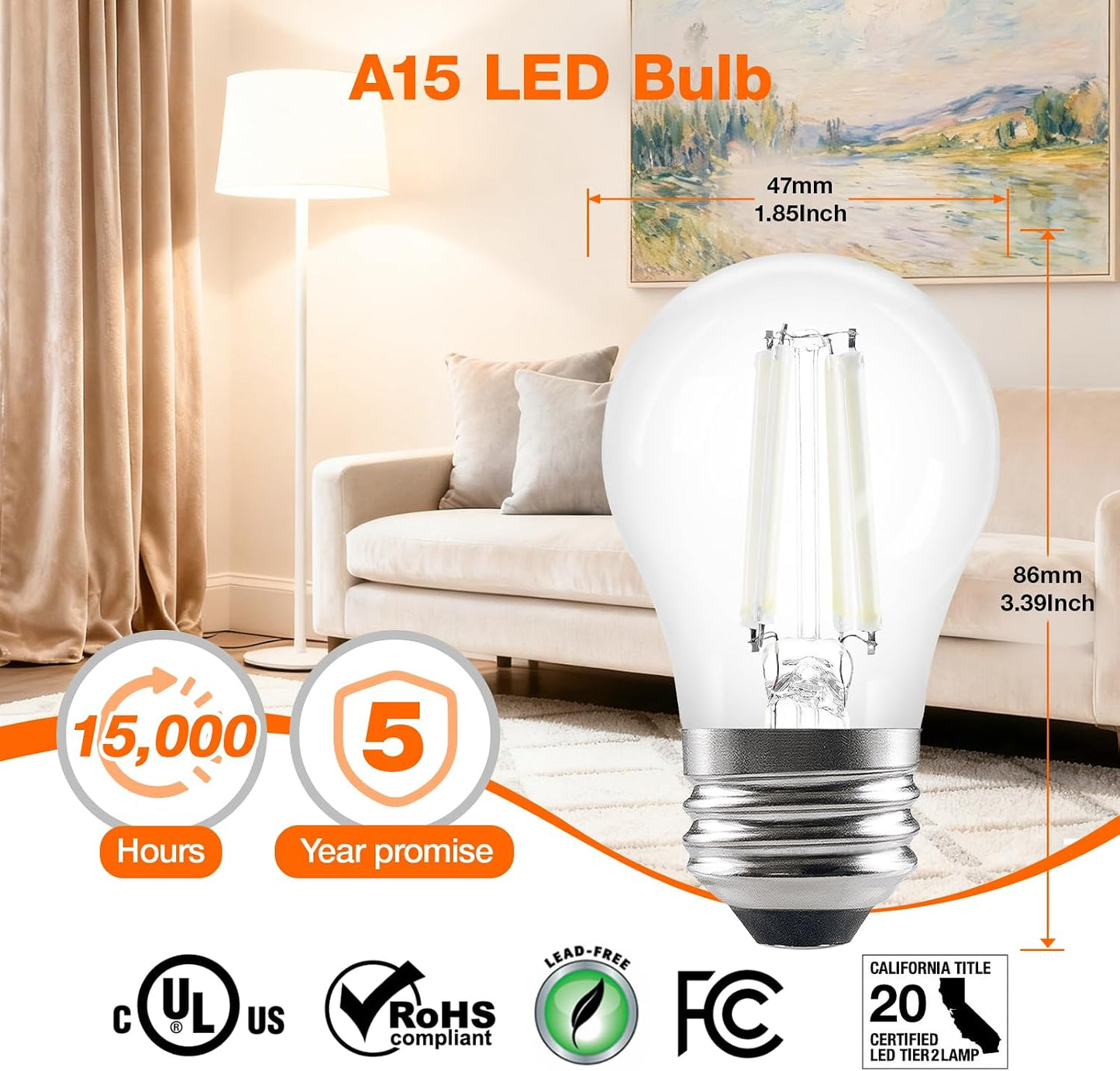 Bombilla LED filamento A15 2700K para nevera y ventilador