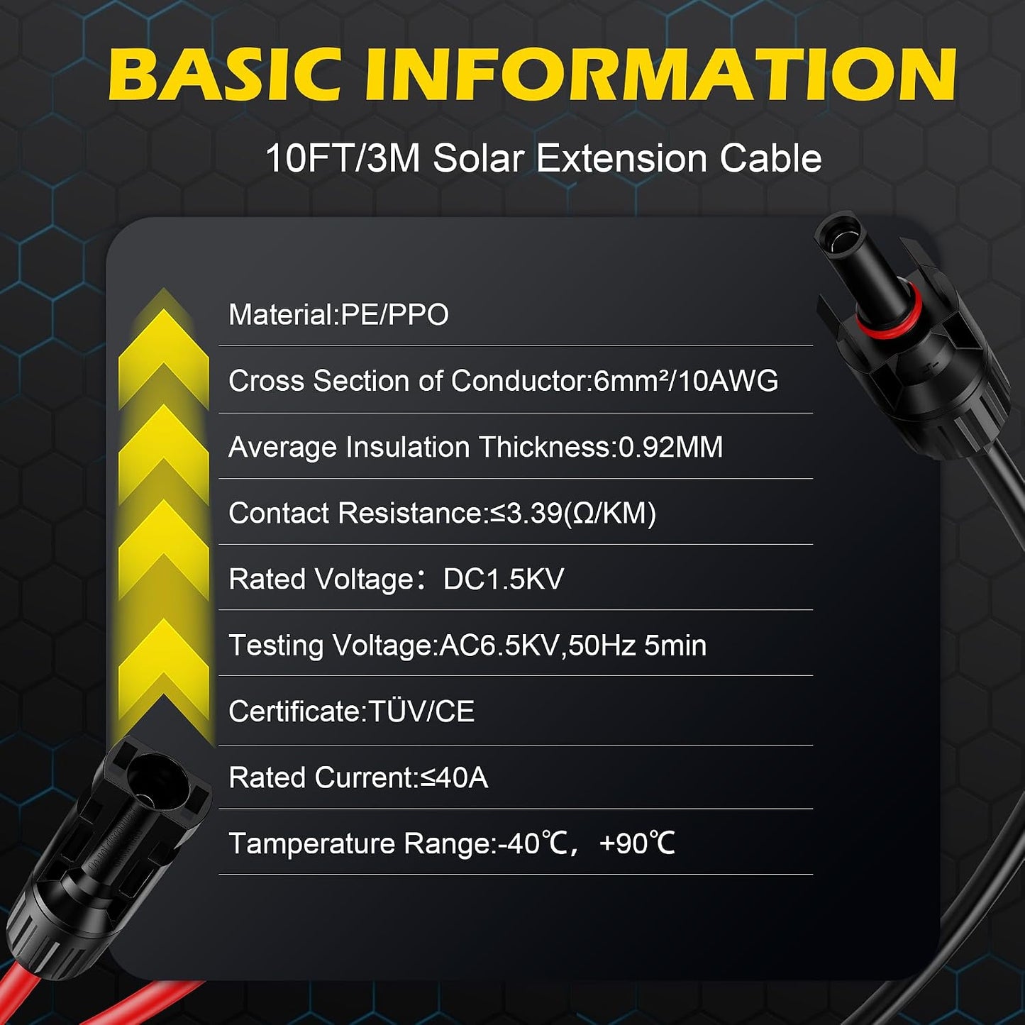 Cable extensión solar 10ft 10awg con conectores hembra y macho