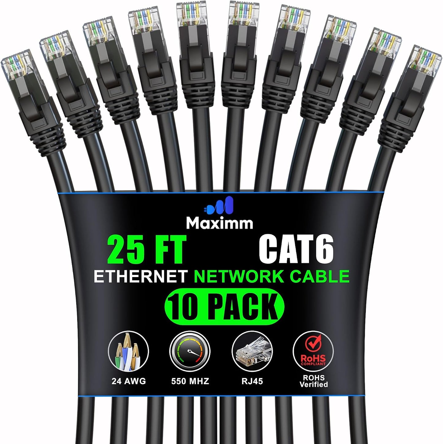 Cable Ethernet Cat 6 25pies pack 10 10Gbps negro