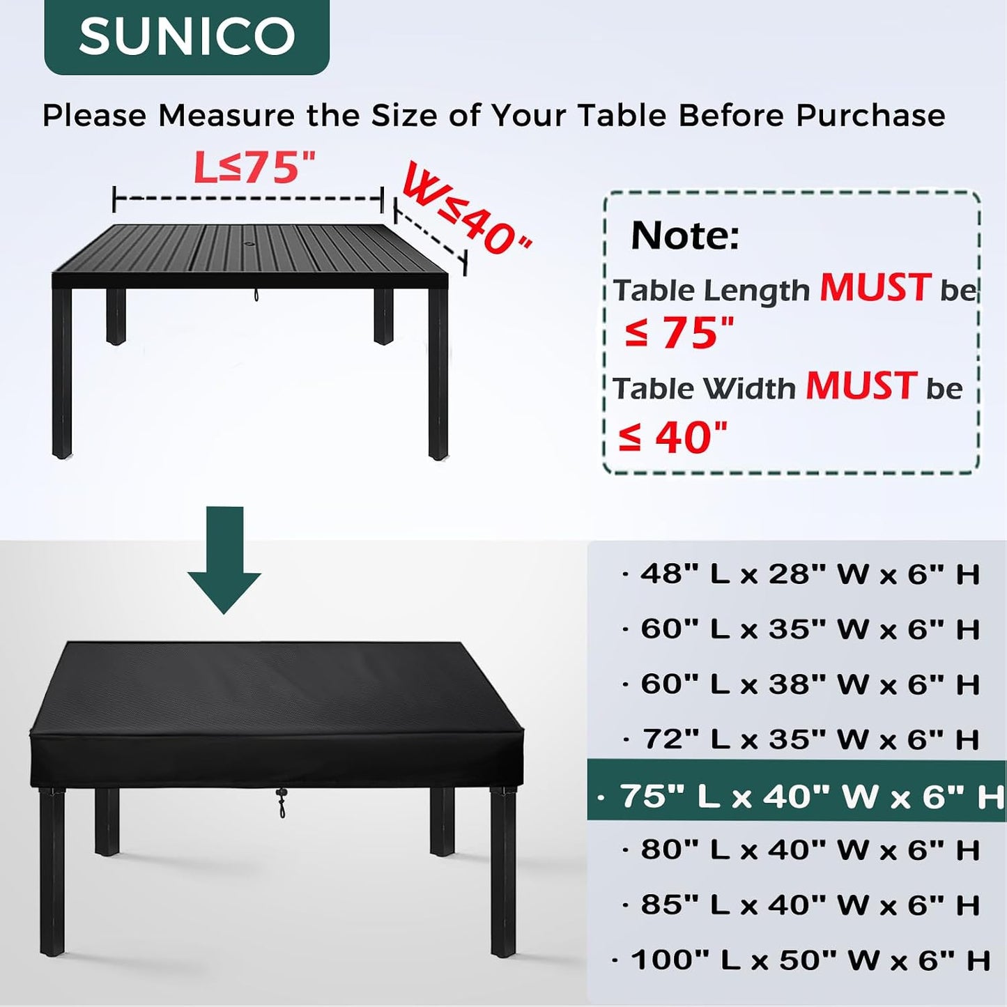 Funda rectangular para mesa exterior 75x40x6 pulg impermeable