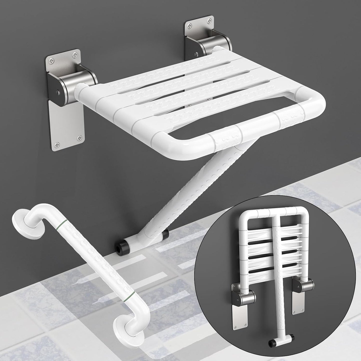 Asiento ducha plegable pared barra apoyo blanco