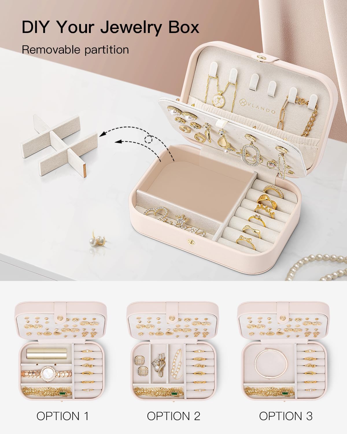 Estuche joyería viaje cuero PU con soporte aretes rosa