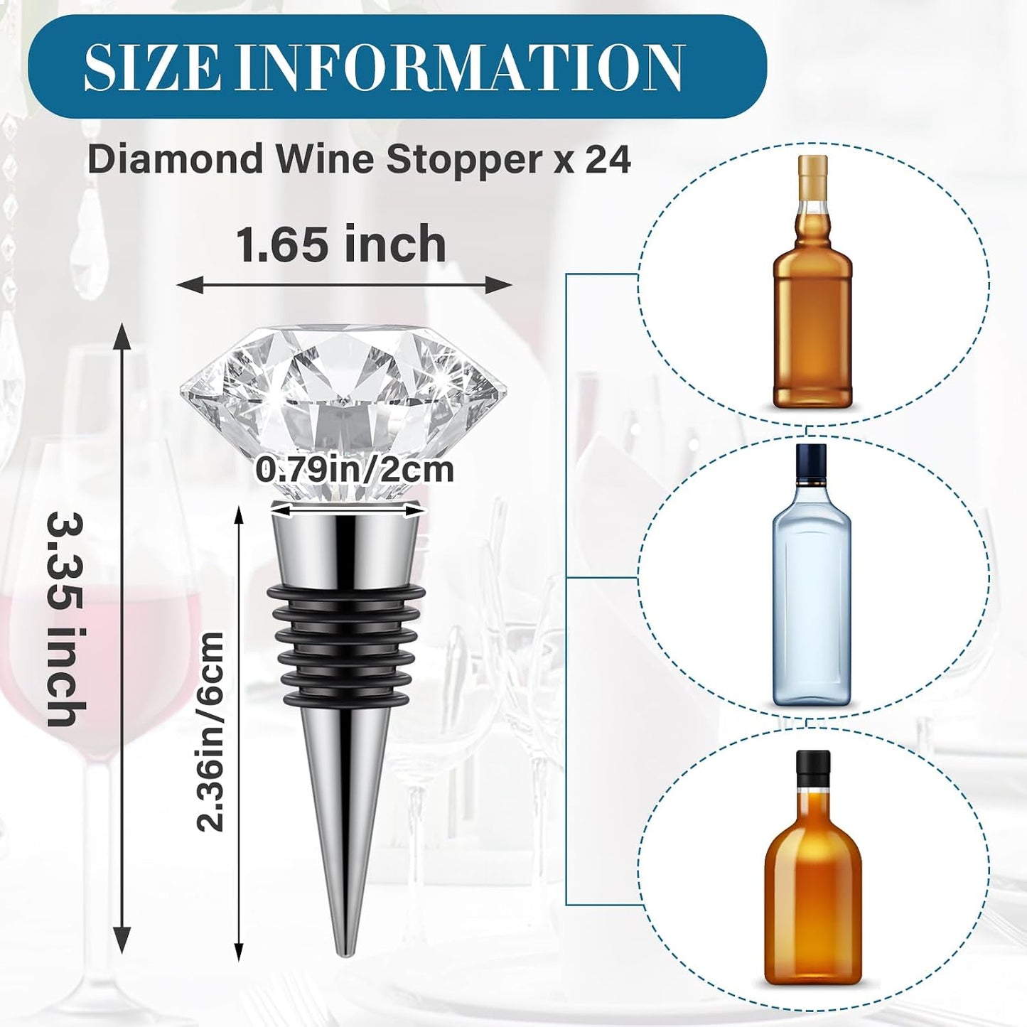 24 Pzas Tapones Vino Cristal Reutilizables con Caja Regalo