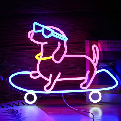 Letrero neón perro monopatín Dachshund para dormitorio bar