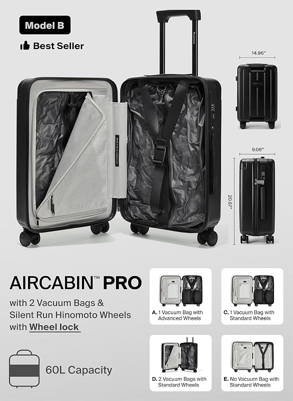 Maleta equipaje mano 20pulg con bomba aire USB 60L negro