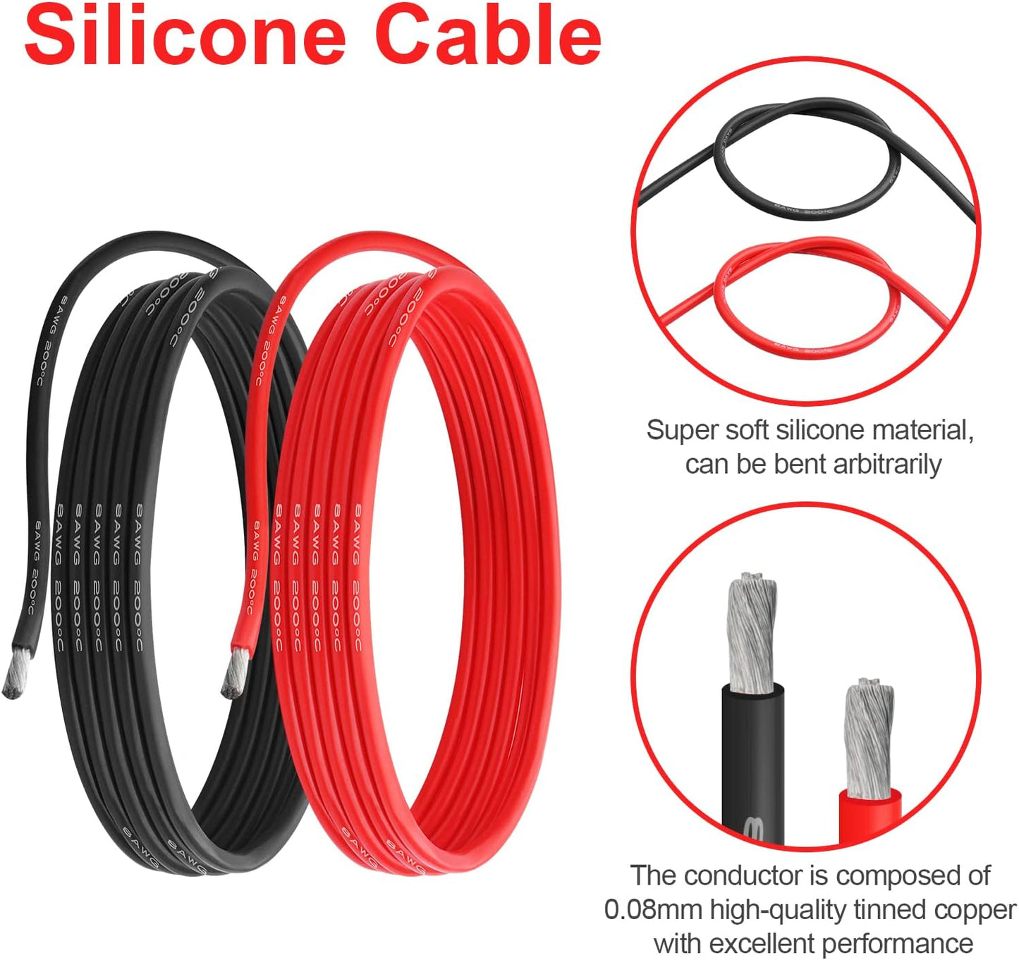 Cable silicona 8 AWG 20pulg rojo y negro flexible