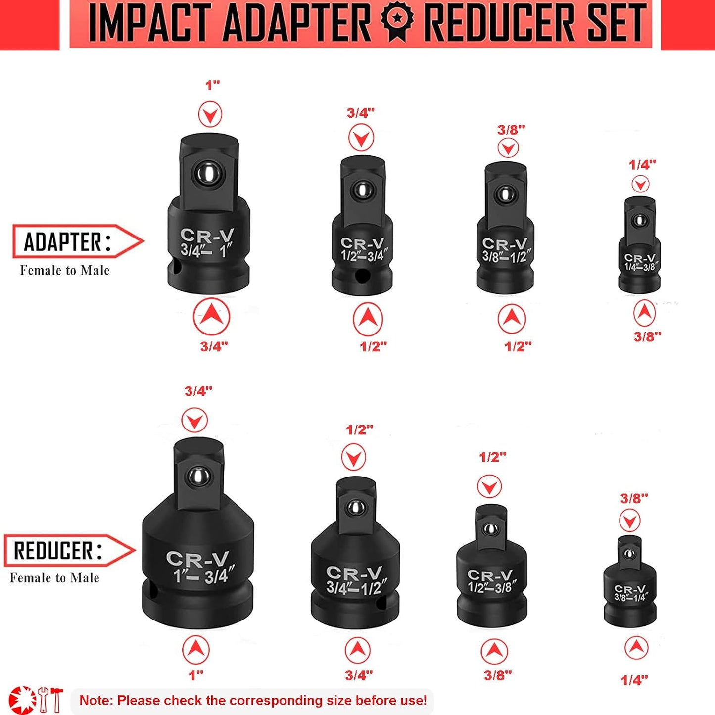 Set adaptadores impacto 1/4 3/8 1/2 3/4"