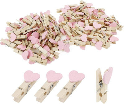 100 Pinzas Madera Corazón Rosa para Fotos y Decoración