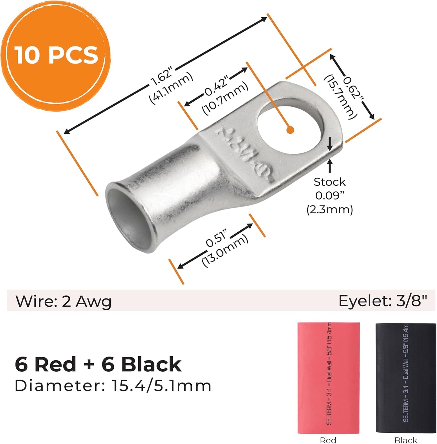 10 Pzas Conectores Anillo 2 AWG 3/8 Lengüetas Negro Rojo