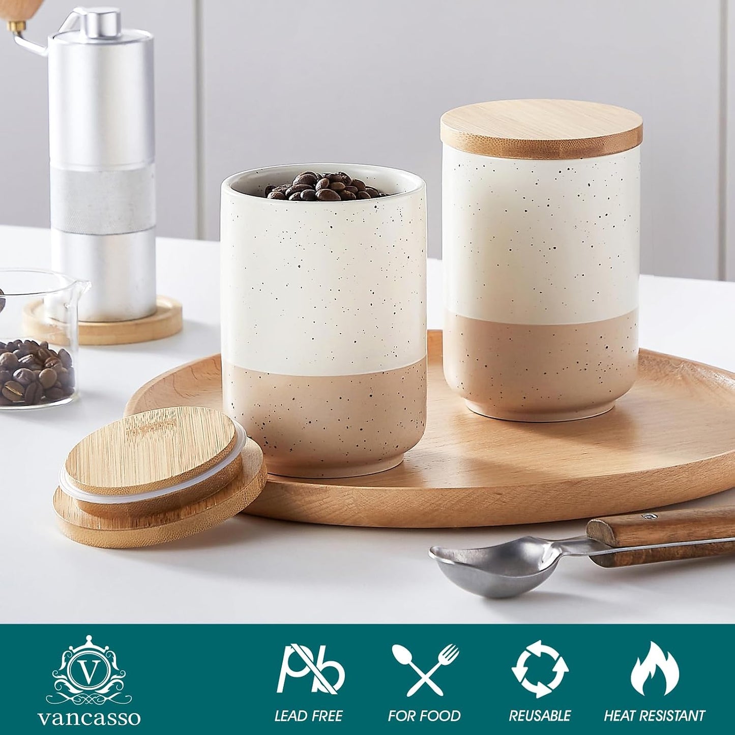 Set 4 Tarros Cerámica con Tapas Madera Herméticas 18oz