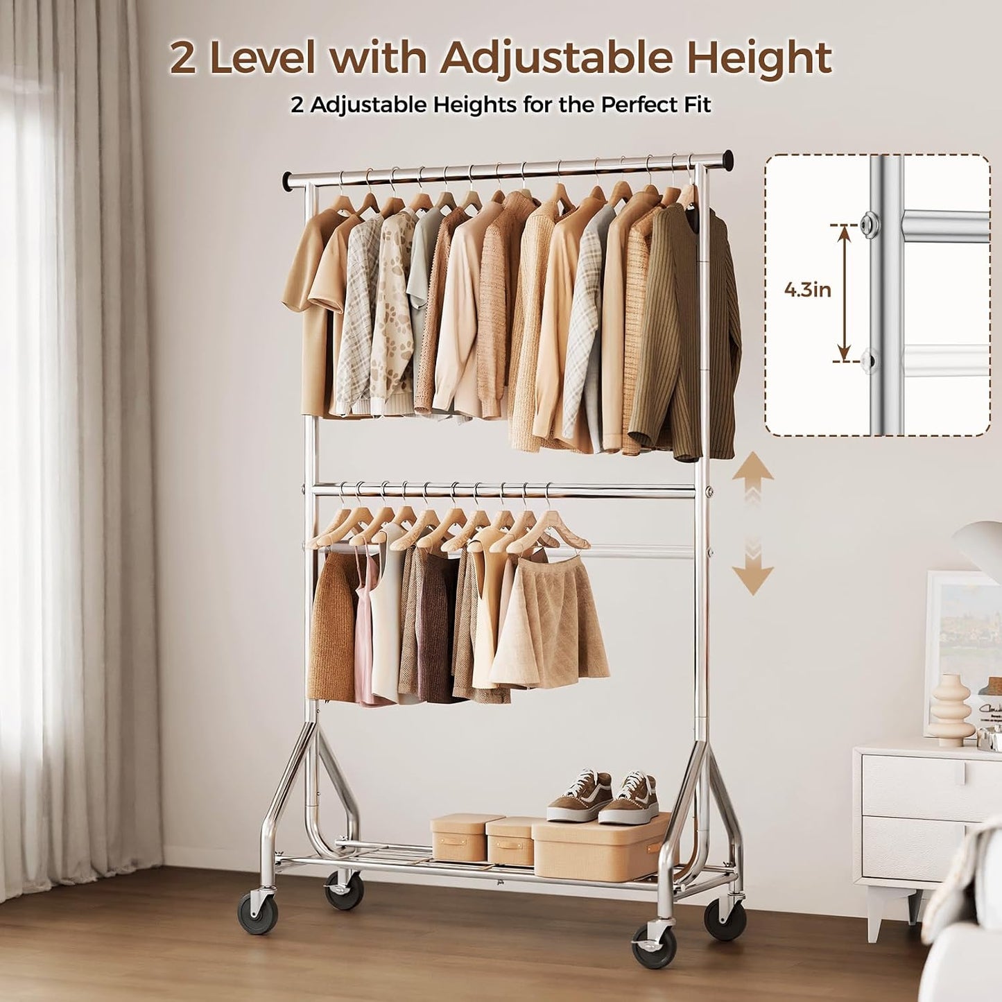 Perchero doble con ruedas ajustable dormitorio