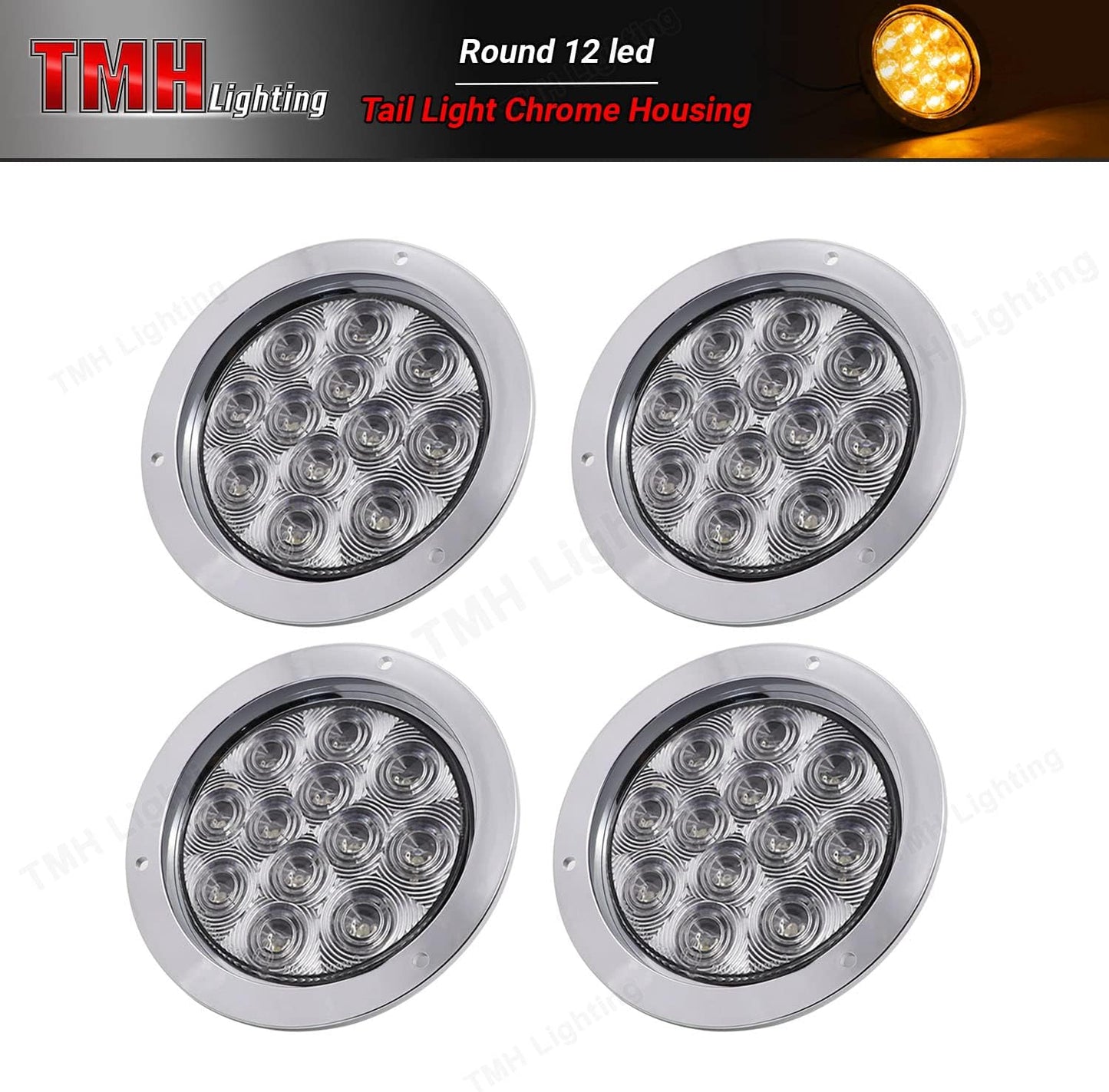 4 Luces traseras redondas 4" lente ámbar 12LED bisel cromado