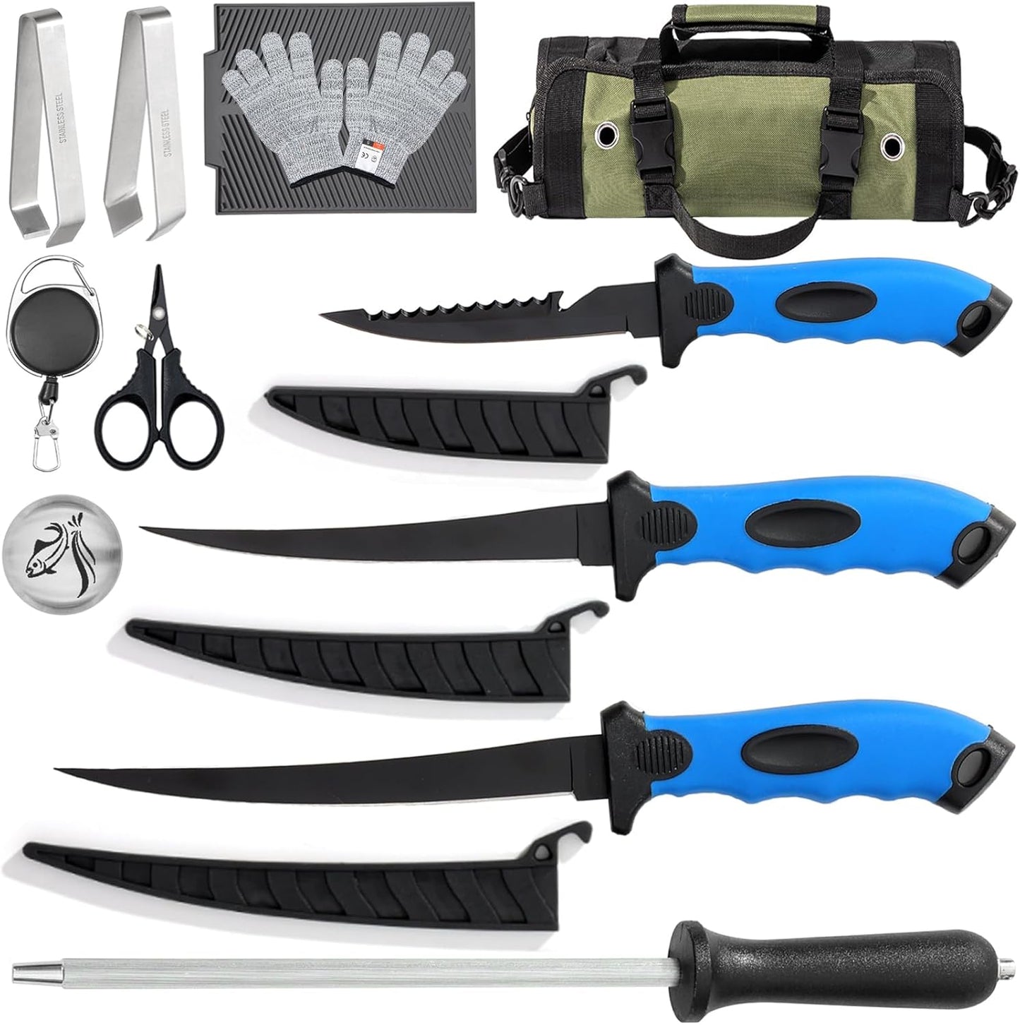 Set 10 Pzas Cuchillos Filete Inox con Funda y Varilla