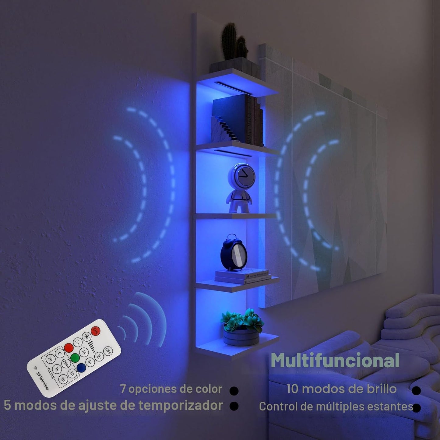 Estantería pared 5 niveles con luz RGB flotante