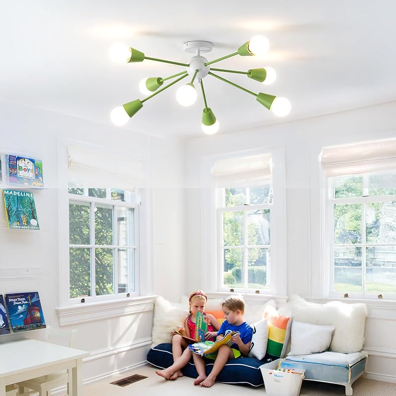 Lámpara techo Sputnik 8 luces verde para comedor y sala