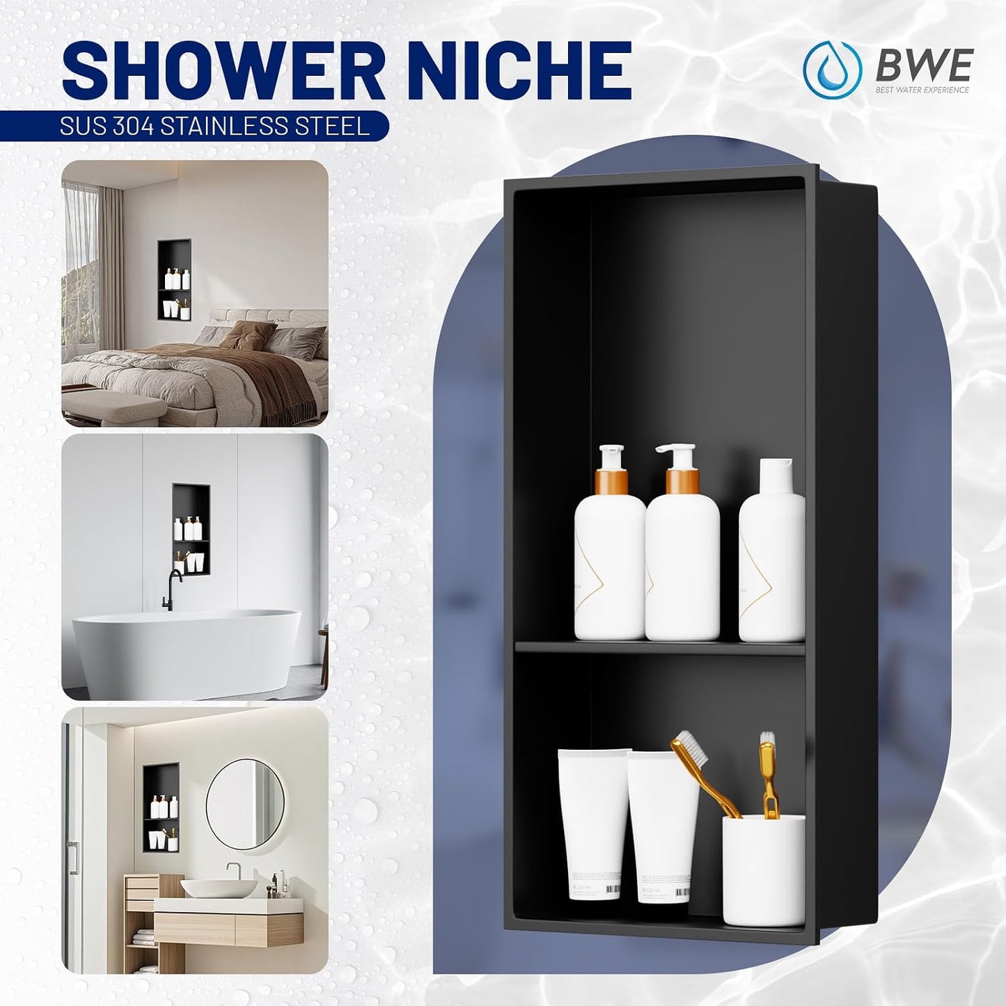 Nicho ducha acero inox 13x19" estantes dobles negro