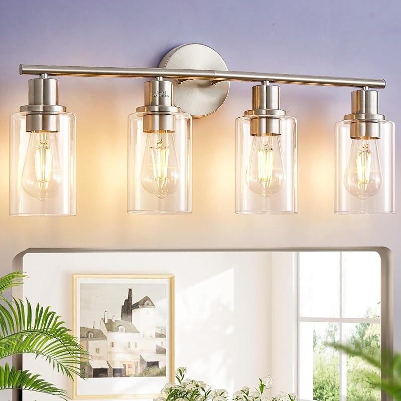 Lámpara baño 4 luces níquel pantalla vidrio transparente